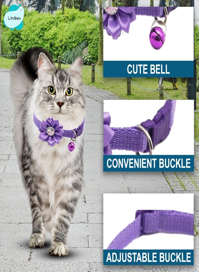 LitVibes Cat Collar Breakaway With Bell,Kitten & Small Dogs Soft Adjustable Collar Safe,Solid & Protection For Cats & Puppies,Cute Kitty Neckband With Flower Design-Purple,?14 cm,W_2 cm - Image 5